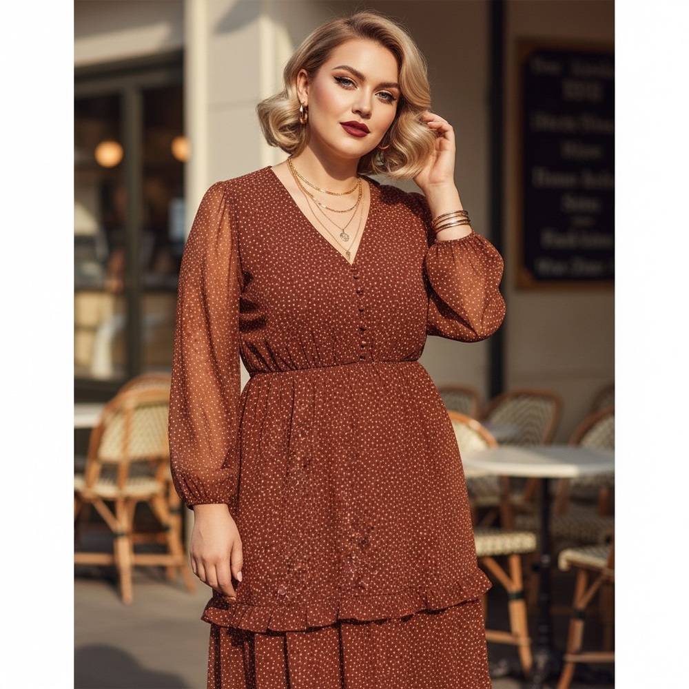 Brick Dot Smocked Chiffon Long Sleeve Midi Dress